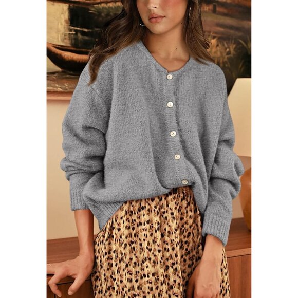 Long Sleeve Crewneck Sweater Womens Button Down Fall Open Front Chunky Cardigan - Picture 6 of 7